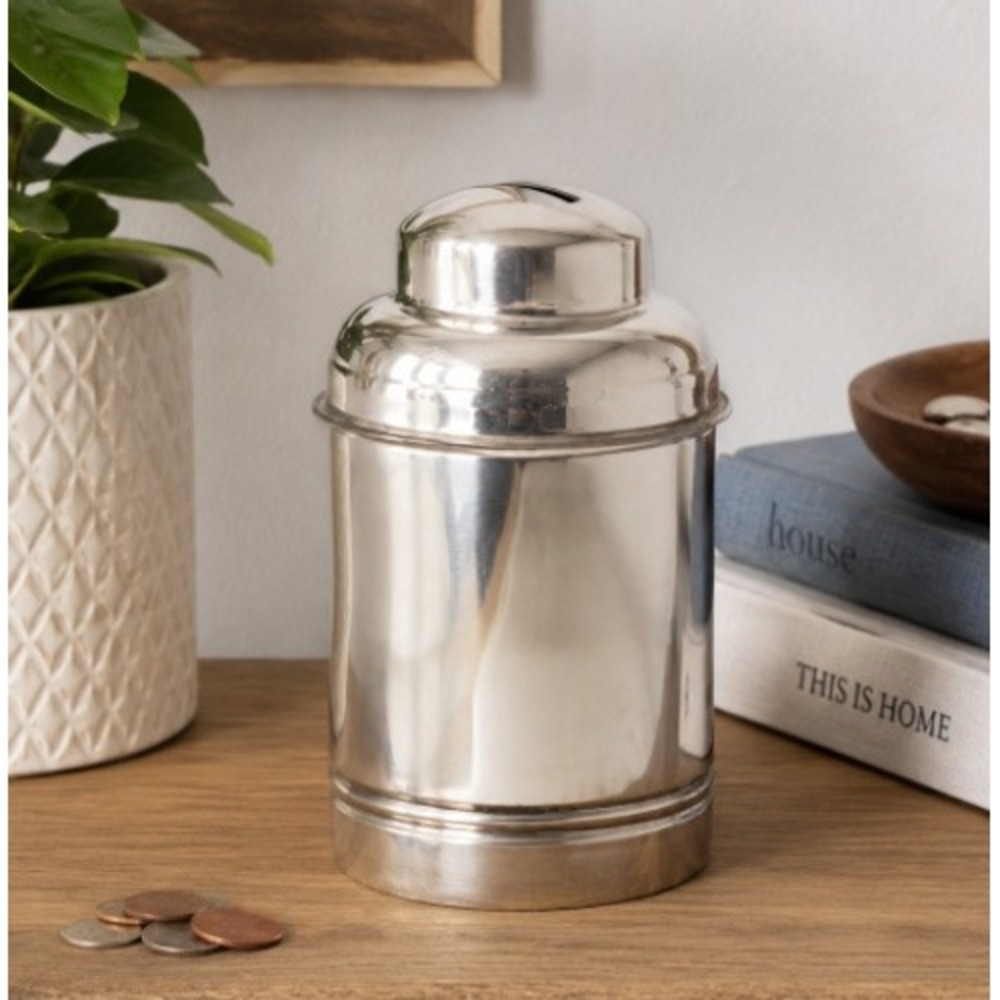 Pottery Barn Silver Plated Coin Canister Bank 6" Modern Home Decor New In Box